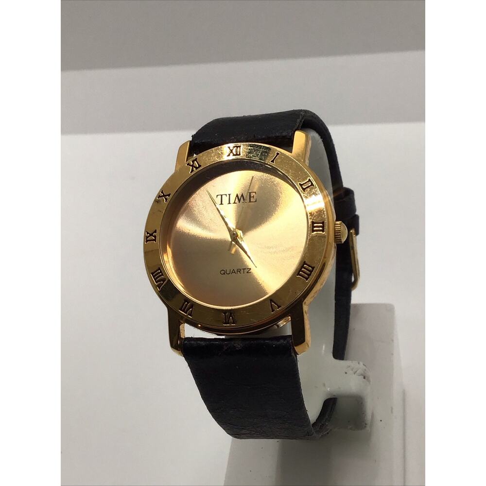 Ladies Time Gold Tone Black Band Fashion Watch New Battery!